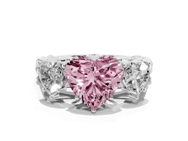 Fancy Pink Three-Stone Heart Cut Diamond Braided Band Ring with Four-Prong Setting White gold