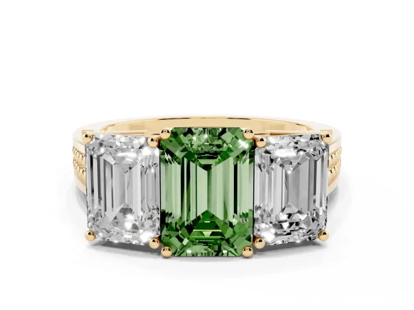 Fancy Green Emerald Cut Diamond Three-Stone Ring with Prong Setting and Textured Band Yellow gold