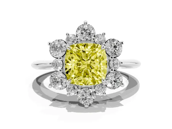 Fancy Yellow Cushion Cut Diamond Cluster Halo Ring with Solitaire Band and Four-Prong Setting White gold