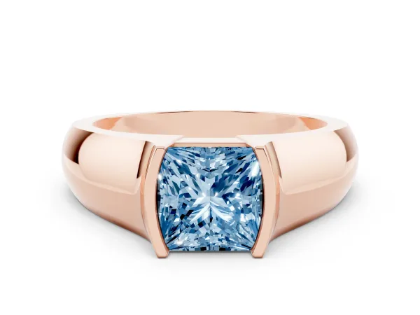 Fancy Blue Princess Cut Solitaire Bezel Set Diamond Ring with Wide Band Rose gold