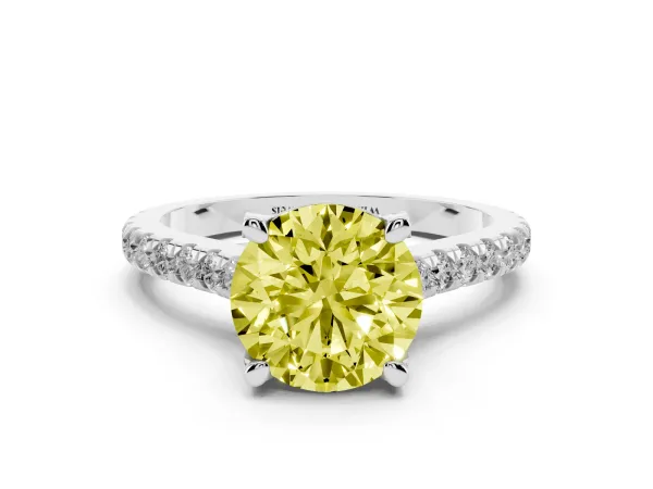 Fancy Yellow Round Cut Brilliant Diamond Solitaire with Pavé Band and Four-Prong Setting Platinum
