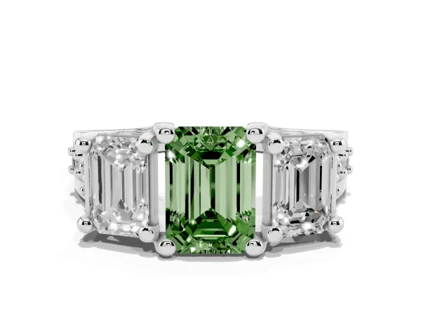 Fancy Green Emerald Cut Diamond Three-Stone Ring with Channel Set Band and Four-Prong Setting White gold
