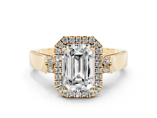 Emerald Cut Halo Round Diamond Twist Band with Four-Prong Setting Yellow gold
