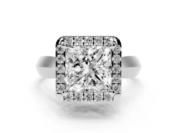 Princess Cut Cut Halo Solitaire Engagement Ring with Square Band and Four-Prong Setting White gold