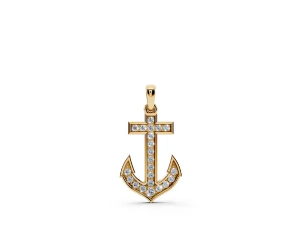 Pavé Round Diamond Anchor Pendant with Four-Prong Setting Yellow gold