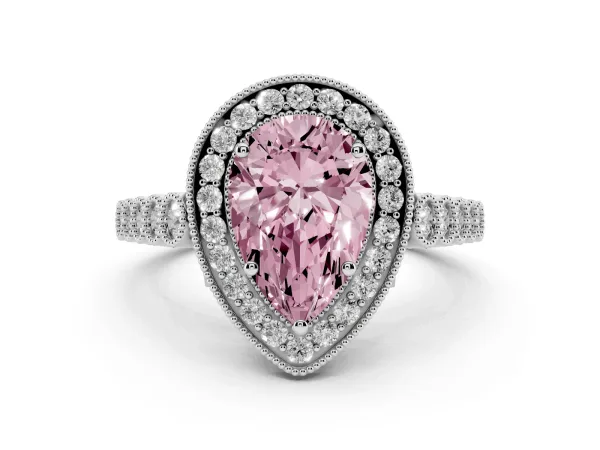 Fancy Pink Pear Cut Halo Milgrain Solitaire with Bezel Set Side Stones and Pave Band Platinum
