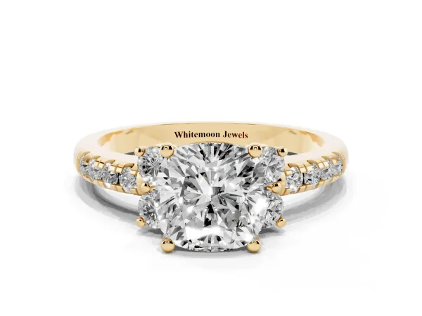 Cushion Cut Diamond Three-Stone Pave Band with Four-Prong Setting Yellow gold
