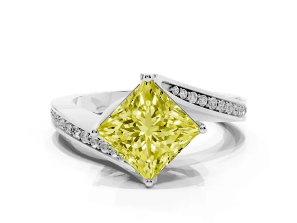 Fancy Yellow Princess Cut Solitaire Diamond Twist Band with Pavé Setting and Four-Prong Setting Platinum