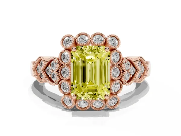 Fancy Yellow Emerald Cut Brilliant Milgrain Pave Heart Band Solitaire Ring Rose gold