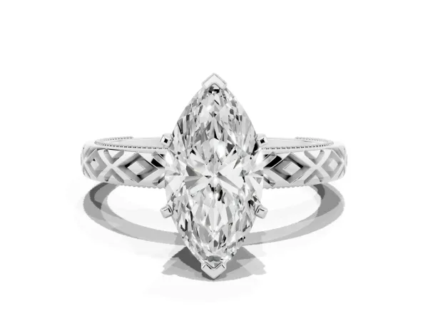Marquise Cut Solitaire Diamond Ring with Milgrain and Black Enamel X Pattern Band Platinum