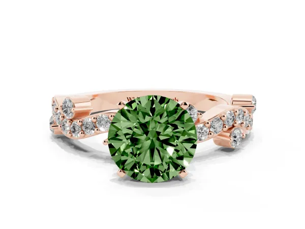 Fancy Green Round Cut Cut Solitaire Diamond Twisted Band with Pave Setting Rose gold