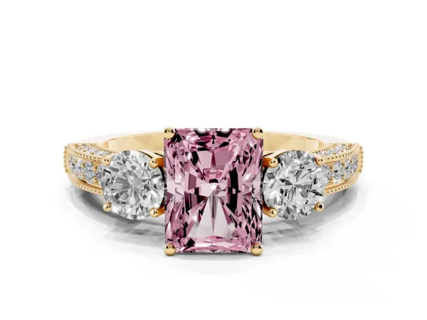 Fancy Pink Radiant Cut Three-Stone Diamond Ring with Pavé Band and Four-Prong Setting Yellow gold