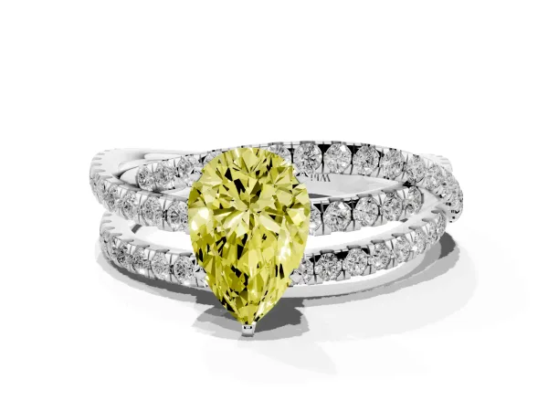 Fancy Yellow Pear Cut Solitaire Twist Band with Pavé Setting and Four-Prong Setting White gold