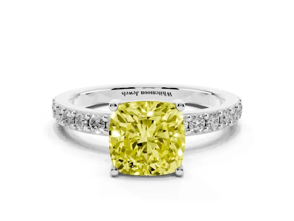Fancy Yellow Cushion Cut Cut Diamond Solitaire with Pave Band and Four-Prong Setting White gold