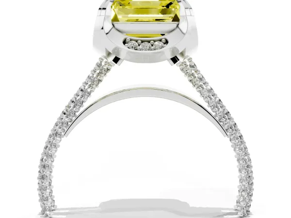 Fancy Yellow Asscher Cut Solitaire Pave Split Shank Ring with Four-Prong Setting White gold