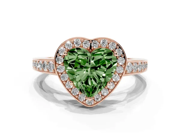 Fancy Green Heart Cut Halo Pavé Diamond Engagement Ring with Bezel Setting Rose gold