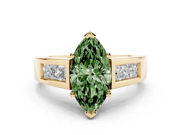 Fancy Green Marquise Cut Cut Channel Set Solitaire Ring with Four-Prong Setting Yellow gold
