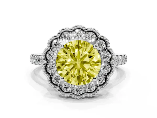 Fancy Yellow Round Cut Cut Diamond Milgrain Floral Halo Engagement Ring with Pavé Band Platinum