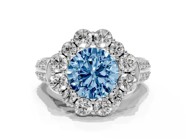 Fancy Blue Round Cut Halo Diamond Engagement Ring with Split Shank and Prong Setting Platinum