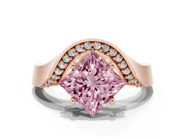 Fancy Pink Princess Cut Solitaire Diamond Engagement Ring with Pave Band and Four-Prong Setting Rose gold