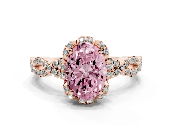 Fancy Pink Oval Cut Halo Twist Band Solitaire Ring with Six-Prong Setting Rose gold