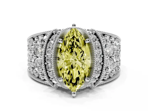 Fancy Yellow Marquise Cut Halo Pave Diamond Engagement Ring with Milgrain Detailing White gold