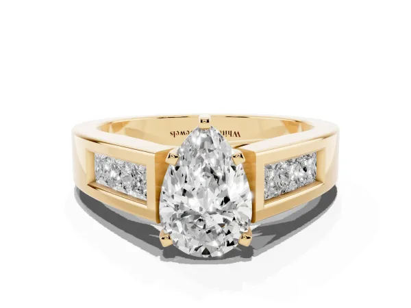 Pear Cut Cut Channel Set Solitaire Ring with Four-Prong Setting Yellow gold