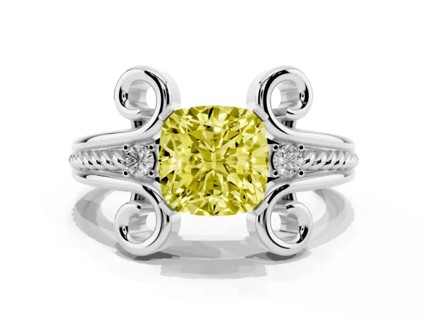 Fancy Yellow Cushion Cut Solitaire Twisted Band Scroll Prong Ring Platinum