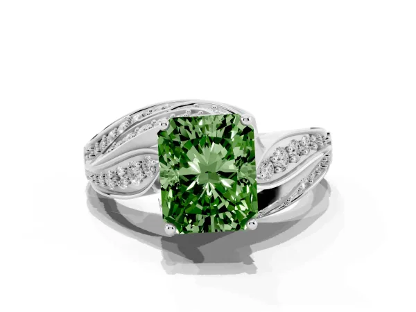 Fancy Green Radiant Cut Diamond Solitaire Ring with Prong Setting and Twisted Pavé Band Platinum