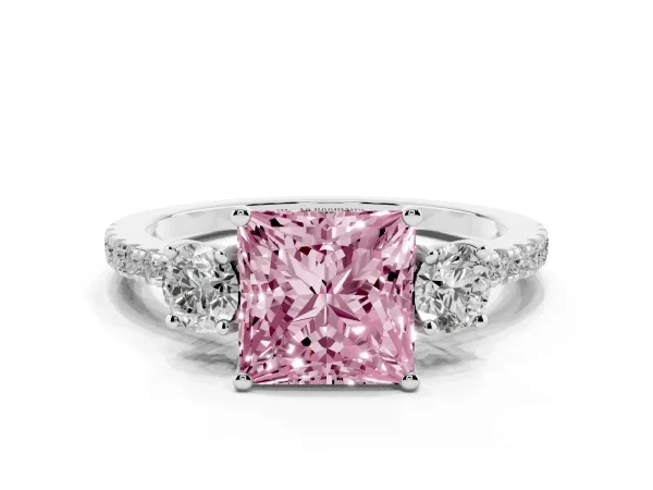 Fancy Pink Three-Stone Princess Cut Cut Diamond Pavé Band with Prong Setting Platinum