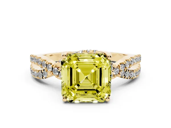 Fancy Yellow Asscher Cut Solitaire Twist Pave Diamond Engagement Ring with Prong Setting Yellow gold
