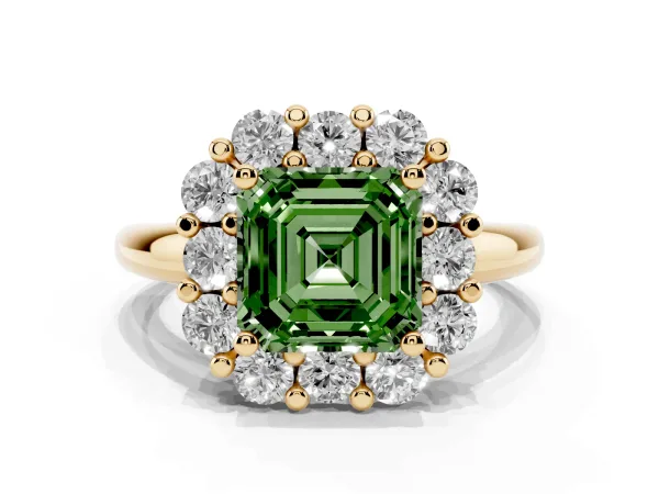 Fancy Green Asscher Cut Halo Cluster Diamond Engagement Ring with Prong Setting and Polished Band Yellow gold