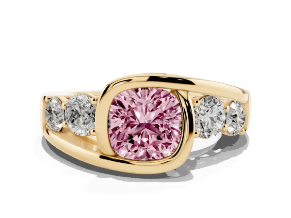 Fancy Pink Bezel Set Cushion Cut Diamond Bypass Ring with Round Accents Yellow gold