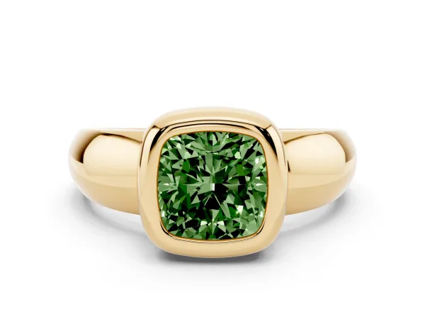 Fancy Green Bezel Set Cushion Cut Solitaire Ring with Wide Band Yellow gold
