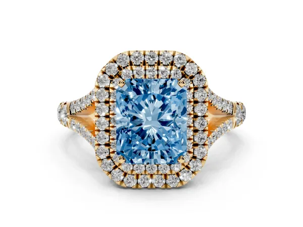 Fancy Blue Radiant Cut Cut Double Halo Split Shank Diamond Ring with Prong Setting Yellow gold