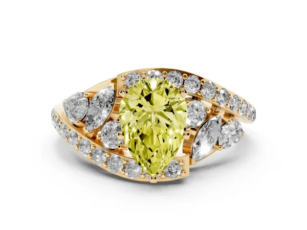 Fancy Yellow Pear Cut Diamond Halo Ring with Marquise and Pavé Band in Prong Setting Yellow gold