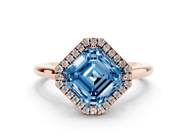 Fancy Blue Asscher Cut Halo Round Diamond Solitaire Engagement Ring with Pave Band and Four-Prong Setting Rose gold