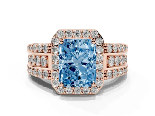 Fancy Blue Radiant Cut Halo Diamond Ring with Round Split Shank and Prong Setting Rose gold