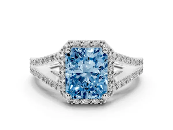 Fancy Blue Radiant Cut Halo Split Shank Diamond Ring with Prong Setting Platinum