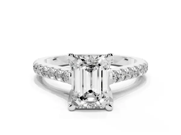 Emerald Cut Brilliant Diamond Solitaire with Pavé Band and Four-Prong Setting Platinum
