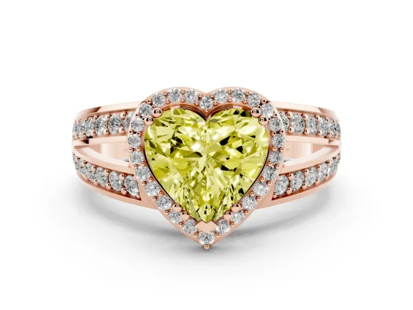 Fancy Yellow Heart Cut Diamond Halo Ring with Split Shank Pavé Band and Four-Prong Setting Rose gold