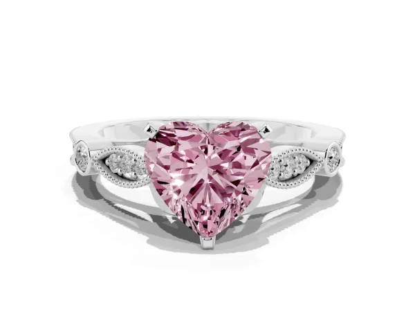 Fancy Pink Heart Cut Cut Diamond with Milgrain Marquise and Bezel Accents on a Solitaire Band with Prong Setting White gold