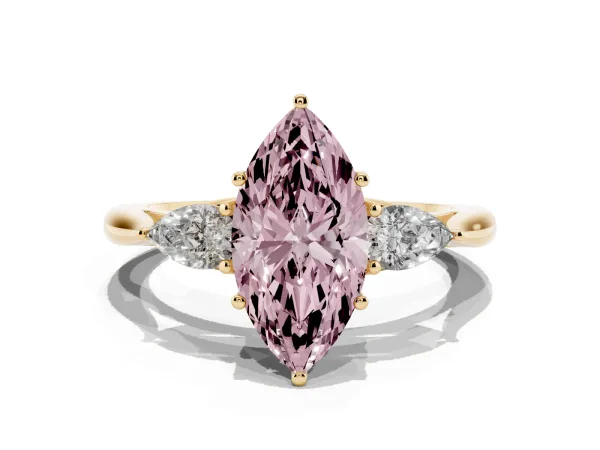 Fancy Pink Three-Stone Marquise Cut Diamond Ring with Pear Side Stones in Four-Prong Setting Yellow gold