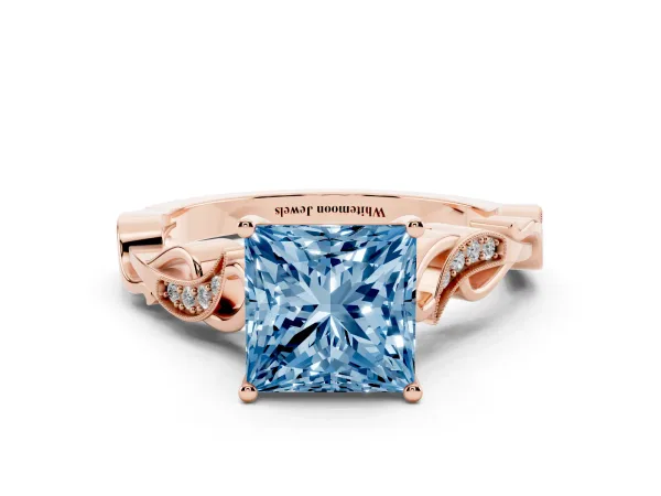 Fancy Blue Princess Cut Solitaire Vine Band with Milgrain Prong Setting Rose gold