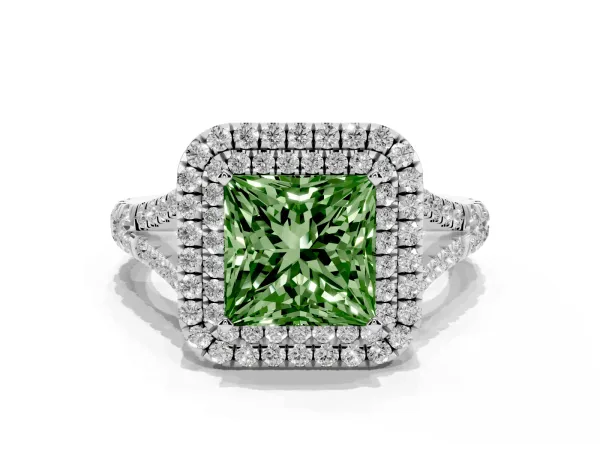 Fancy Green Princess Cut Diamond Pavé Split Shank Double Halo Engagement Ring Platinum