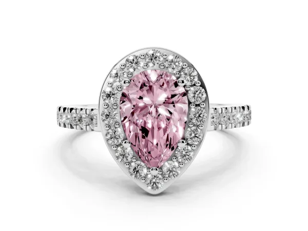 Fancy Pink Pear Cut Diamond Halo Ring with Round Pavé Split Shank and Prong Setting Platinum