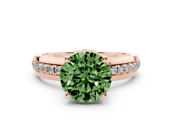 Fancy Green Round Cut Solitaire Diamond Ring with Channel Set Band and Six-Prong Setting Rose gold