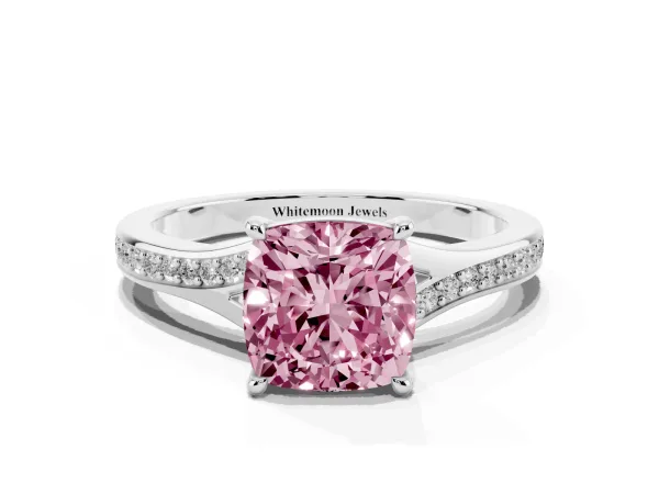Fancy Pink Cushion Cut Diamond Solitaire Ring with Pavé Band and Prong Setting White gold