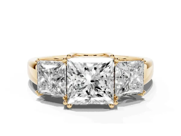 Three-Stone Princess Cut Cut Diamond Ring with Channel Set Band and Four-Prong Setting Yellow gold