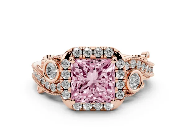 Fancy Pink Princess Cut Diamond Halo Ring with Milgrain Pavé Band and Four-Prong Setting Rose gold